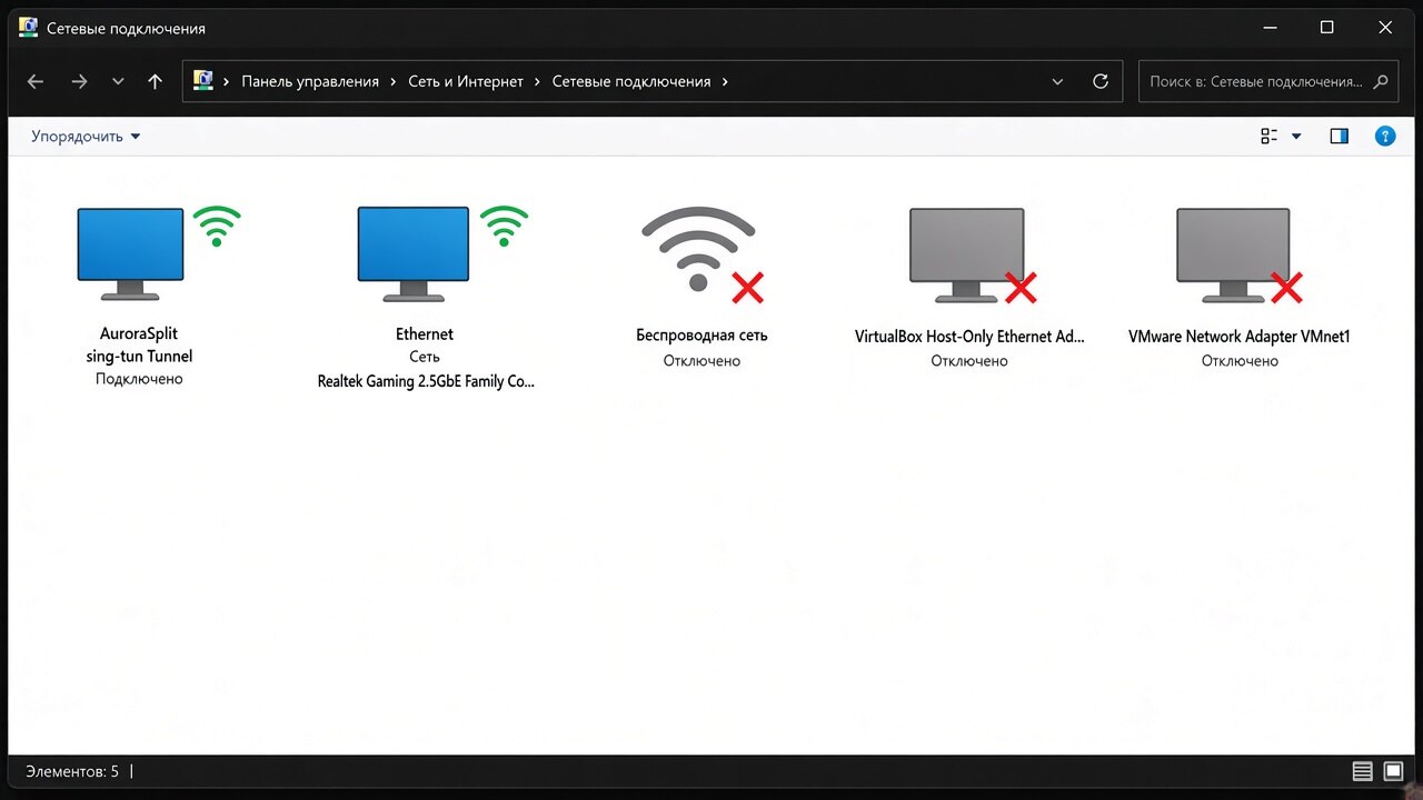 Сетевые подключения Windows: AuroraSplit, Ethernet, виртуальные адаптеры и Wi‑Fi